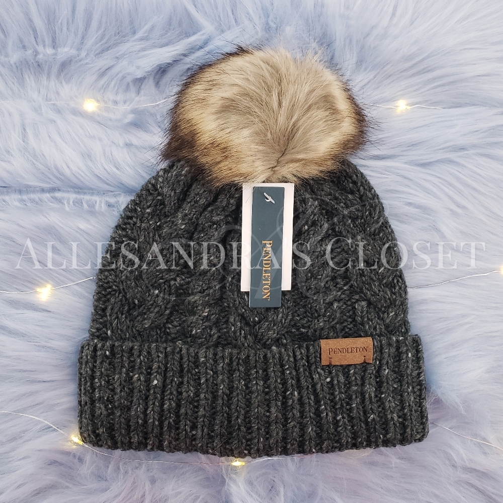 Pendleton Hat Beanie Black Merino Wool Alpaca Blend Knit Faux Fur Cottagecore